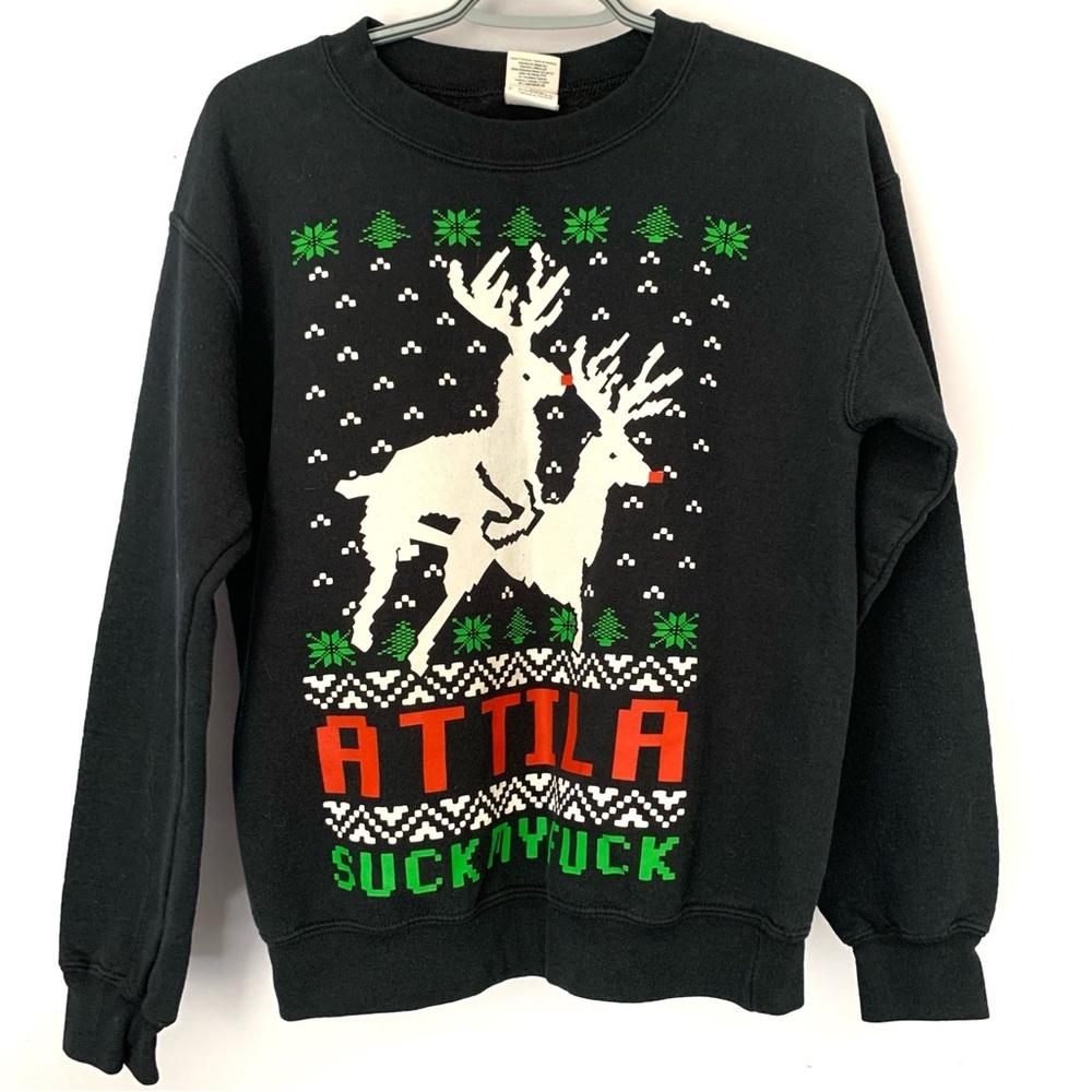 Attila Suck My Fu*k Holiday Reindeer Christmas Sweater Band Shirt